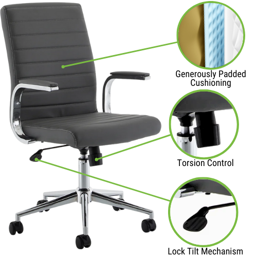 Ezra Executive Office Chair - Grey Leather, Chrome Base, Fixed Padded Arms, Stylish Design 3 Year Warranty - eclipse